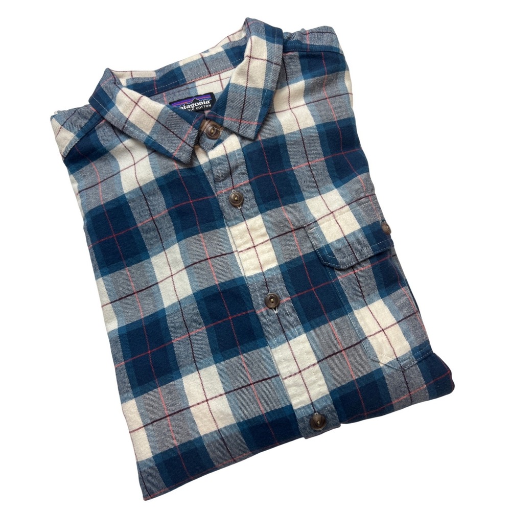 Patagonia Fjord Flannel Shirt Mens XL Blue Plaid Organic Cotton Outdoors G09